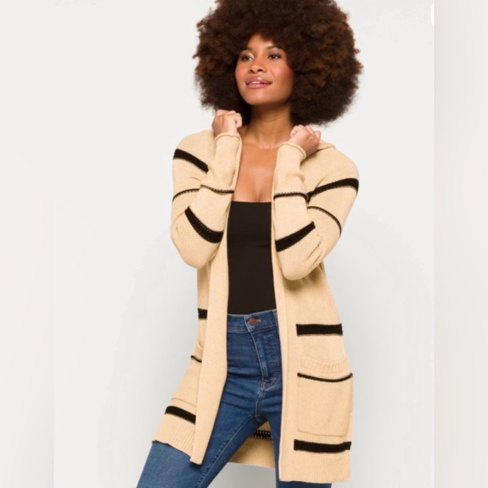 Madison + Hudson Tan Black Striped Hooded Open Front Cardigan Sweater XL GS64241